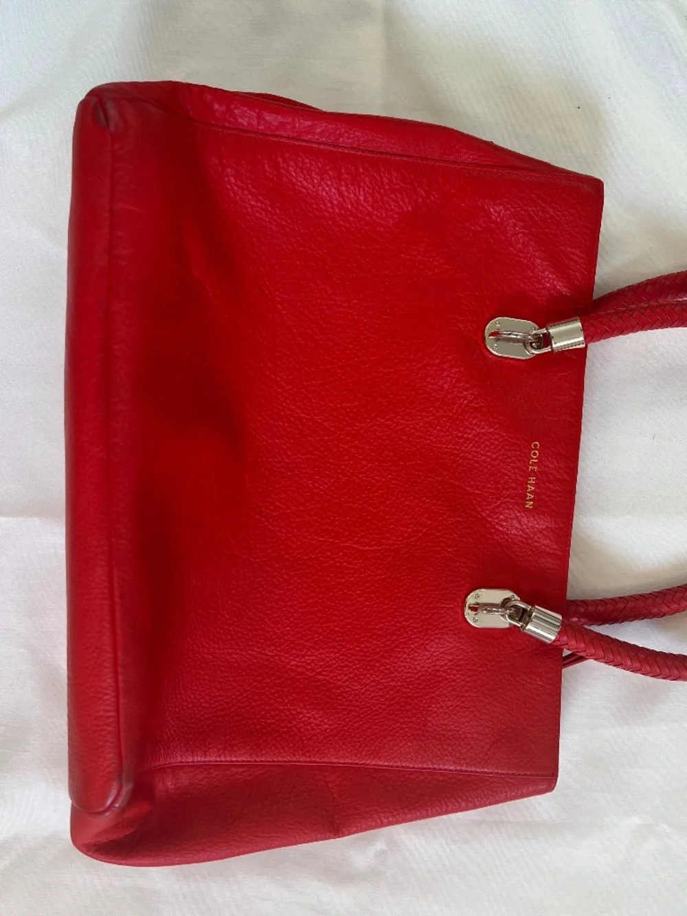 Cole Haan Red Pebbled Leather Tote Bag Gold Hardware Braided Handles - Picture 2 of 8